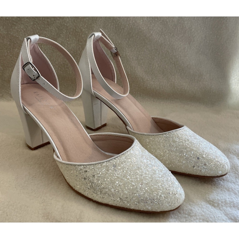 KAILEE P White Silver Pump Glitter Nora Block Heel Shoe Ankle Strap Women 7.5